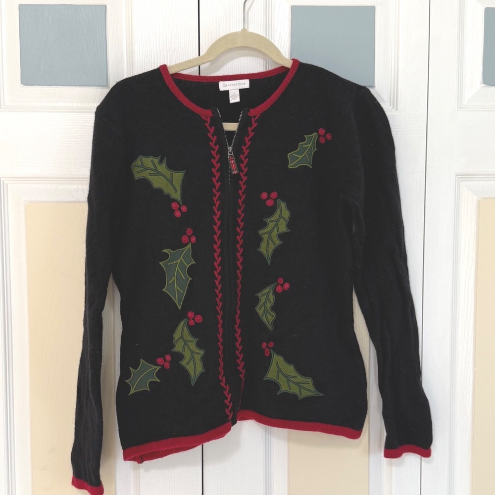 Charter Club Lambswool Wool Christmas Cardigan Zip Up Black Red‎ Holly Berry M
